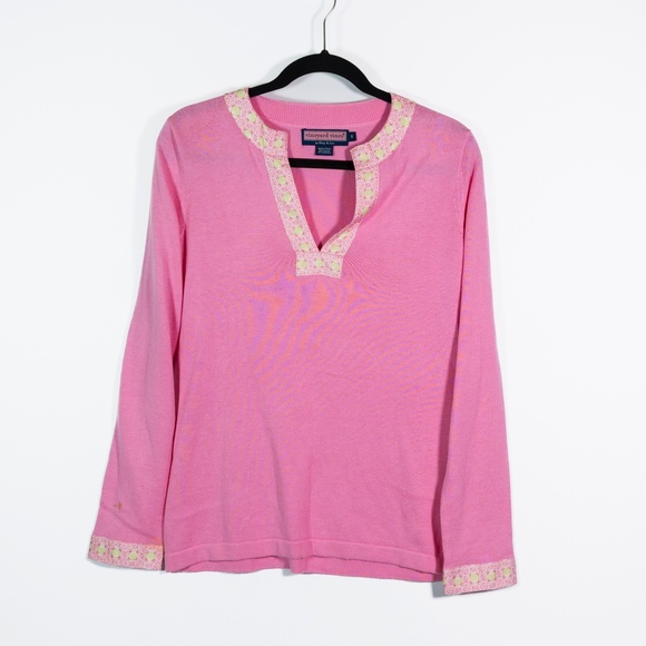 Vineyard Vines Cotton Cashmere Knit V Neck Seashell Trim Pullover Sweater Pink S - Picture 1 of 3